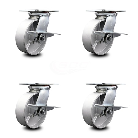 Service Caster 6 Inch Heavy Duty Semi Steel Caster Set with Ball Bearings and Brakes SCC SCC-35S620-SSB-SLB-4